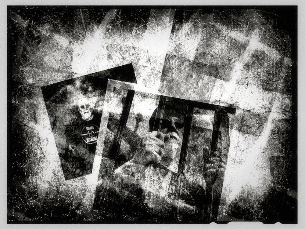 Double-exposed glitch collage of MSUX behind bars and in static grain – part of a visual manifesto from Art of Faceless